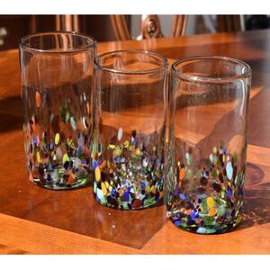 Set of 3 Novica Mexico Multicolor Handblown Highball Glasses